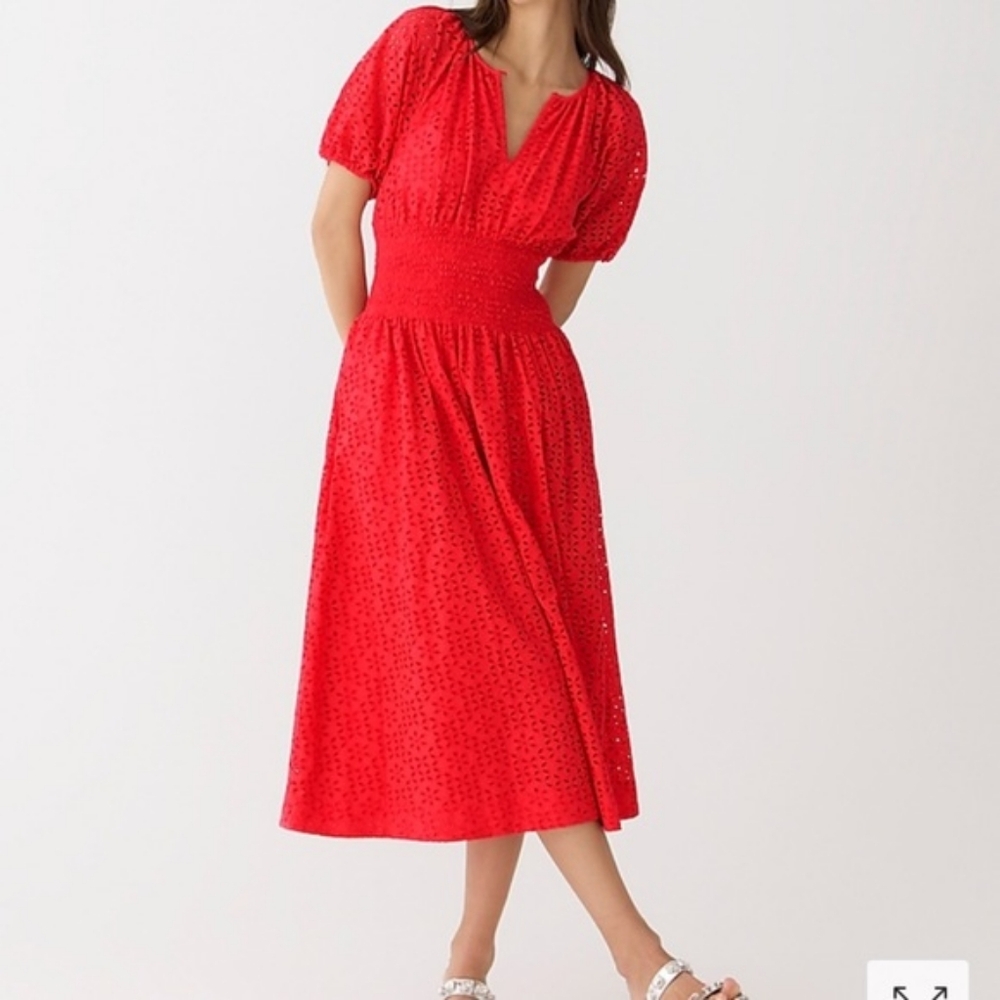 J.Crew Provence smocked-waist midi Belvedere Red dress eyelet Sizes M, L
